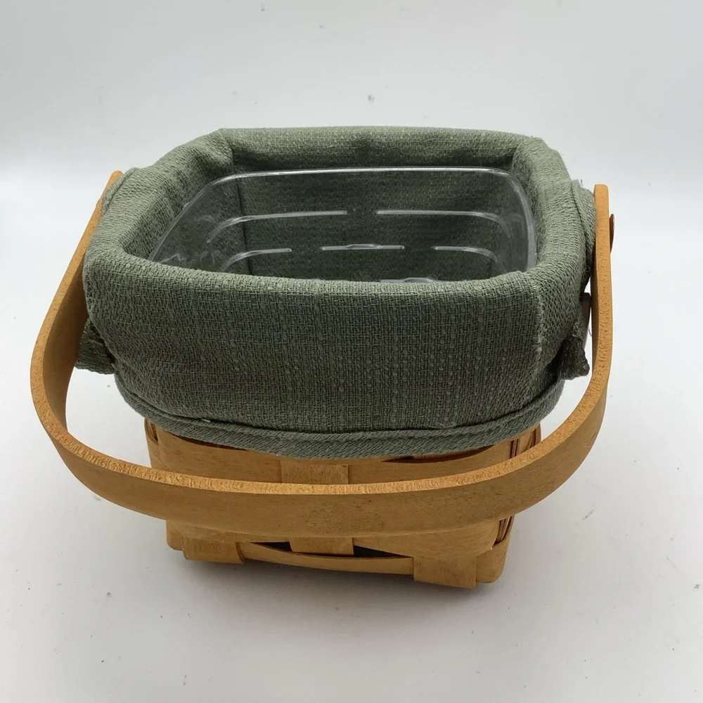 2005 Longaberger Square Handled Basket with Green Fabric and Plastic Liners